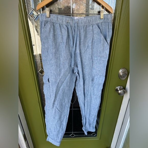 Nicole Miller Pants - 100% Flax Linen Xl Womens Cargo Ankle Crop Blue Cuff Drawstring Stretchy Pants